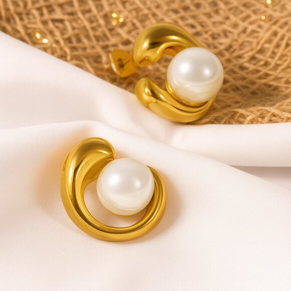 πModern Classic 18K Gold Plated Faux Pearl Earrings | Dainty Chic Minimalist - Picture 8 of 10